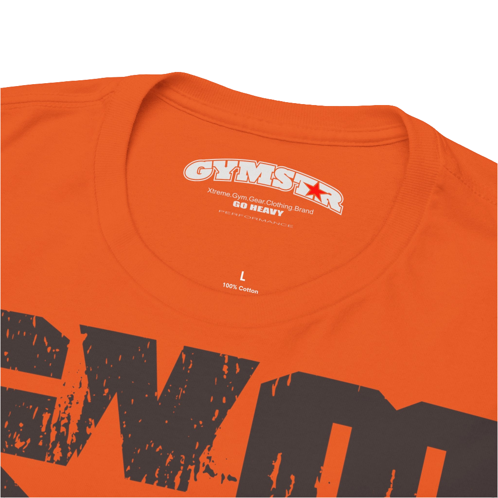 A orange Gymstar t-shirt with the text 'GYM' printed on the front, along with graphics of a weightlifter and dumbbells.  Cose up view.