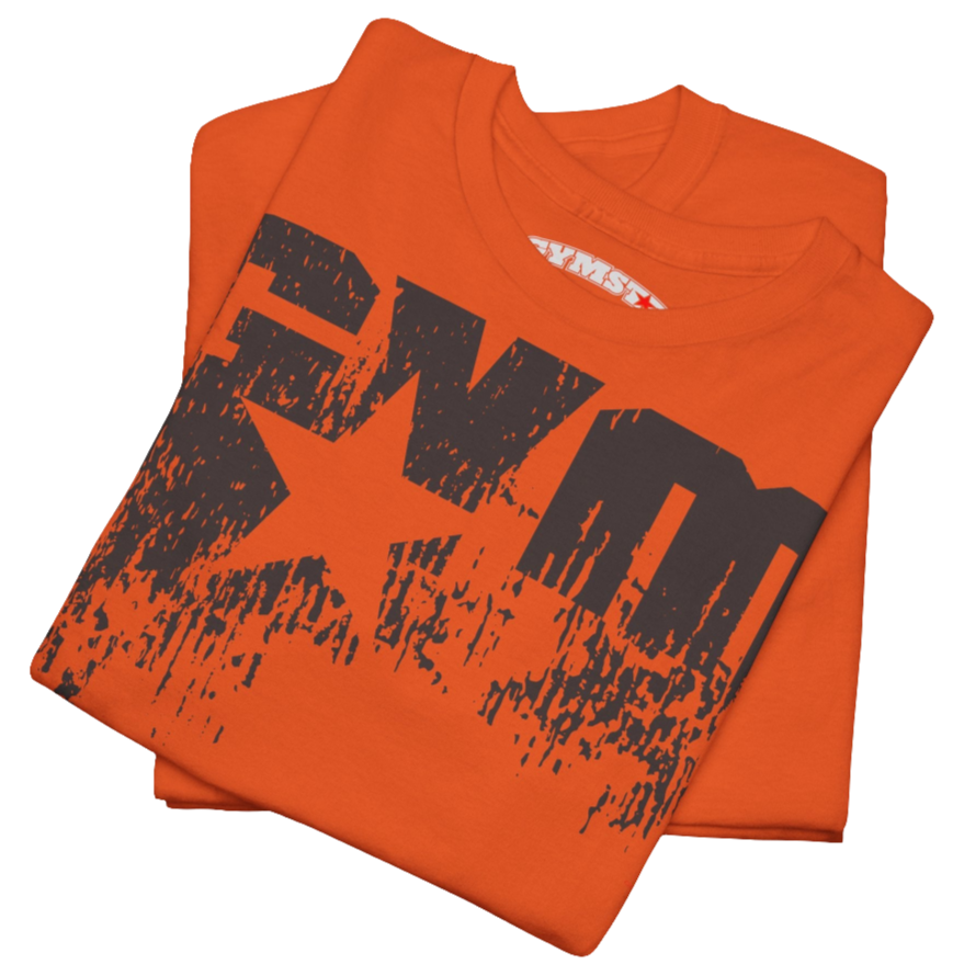 A orange Gymstar t-shirt with the text 'GYM' printed on the front, along with graphics of a weightlifter and dumbbells. Close up front view.