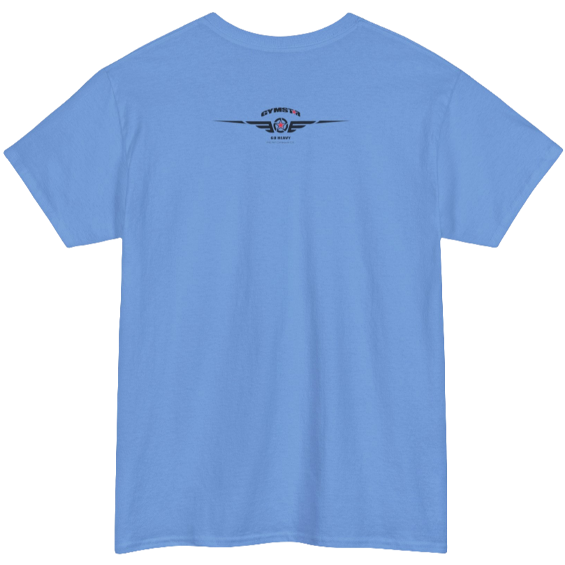 A carolina blue Gymstar t-shirt with the text 'I WANT YOU' printed on the front, along with graphics of a weightlifter and dumbbells. Rear view.