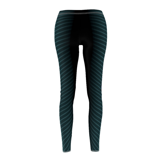 Women's fitness leggings with a geometric cut and sew pattern, and a logo predominantly in green with black accents, designed for yoga and crossfit. Right side view. Rear view.
