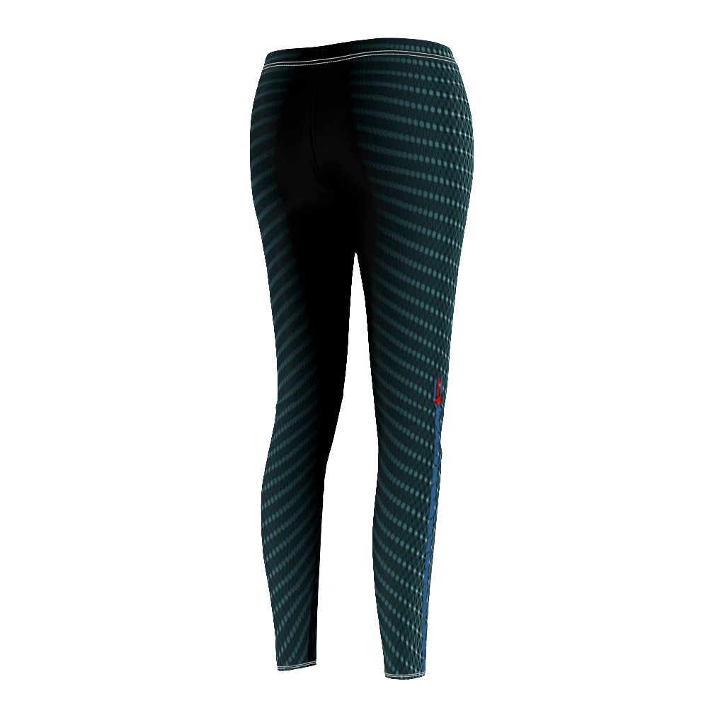  Women's fitness leggings with a geometric cut and sew pattern, and a logo predominantly in green with black accents, designed for yoga and crossfit. Right side view. Left side view.