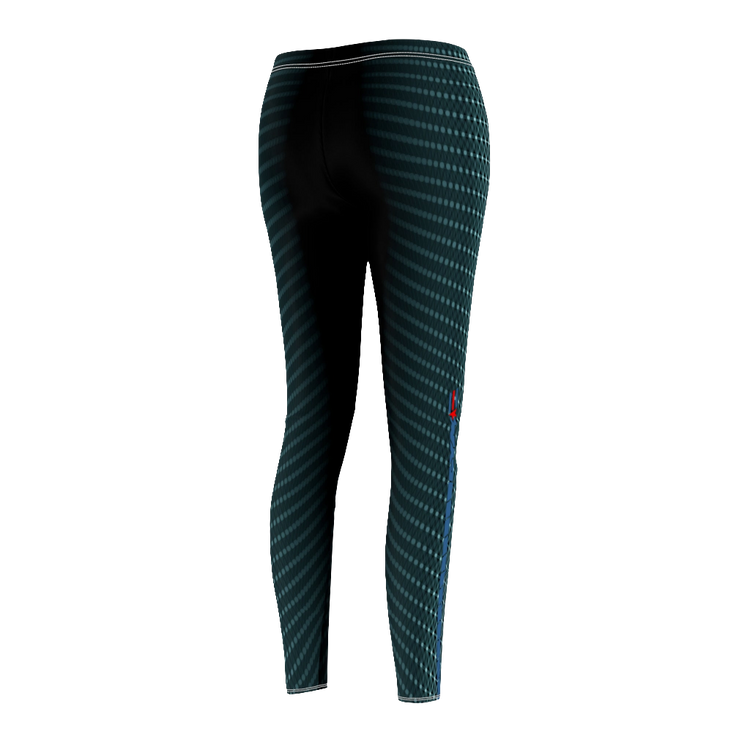  Women's fitness leggings with a geometric cut and sew pattern, and a logo predominantly in green with black accents, designed for yoga and crossfit. Right side view. Left side view.