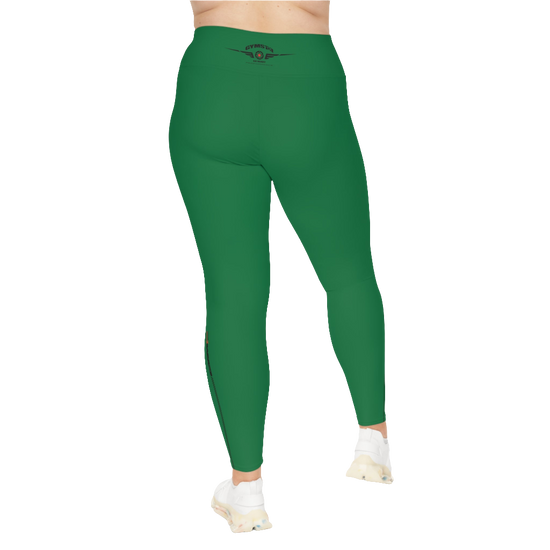 A woman wearing green high-waisted fitness leggings Gymstar with a logo on the waistband, paired with white sneakers. Rear view.