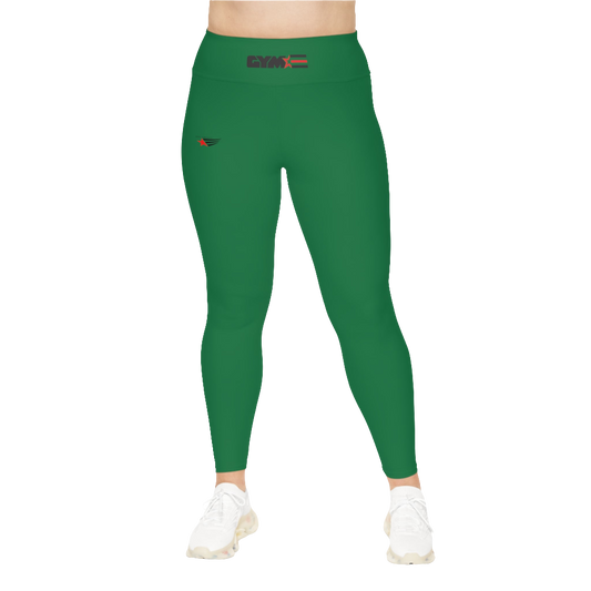 A woman wearing green high-waisted fitness leggings Gymstar with a logo on the waistband, paired with white sneakers. Front view.