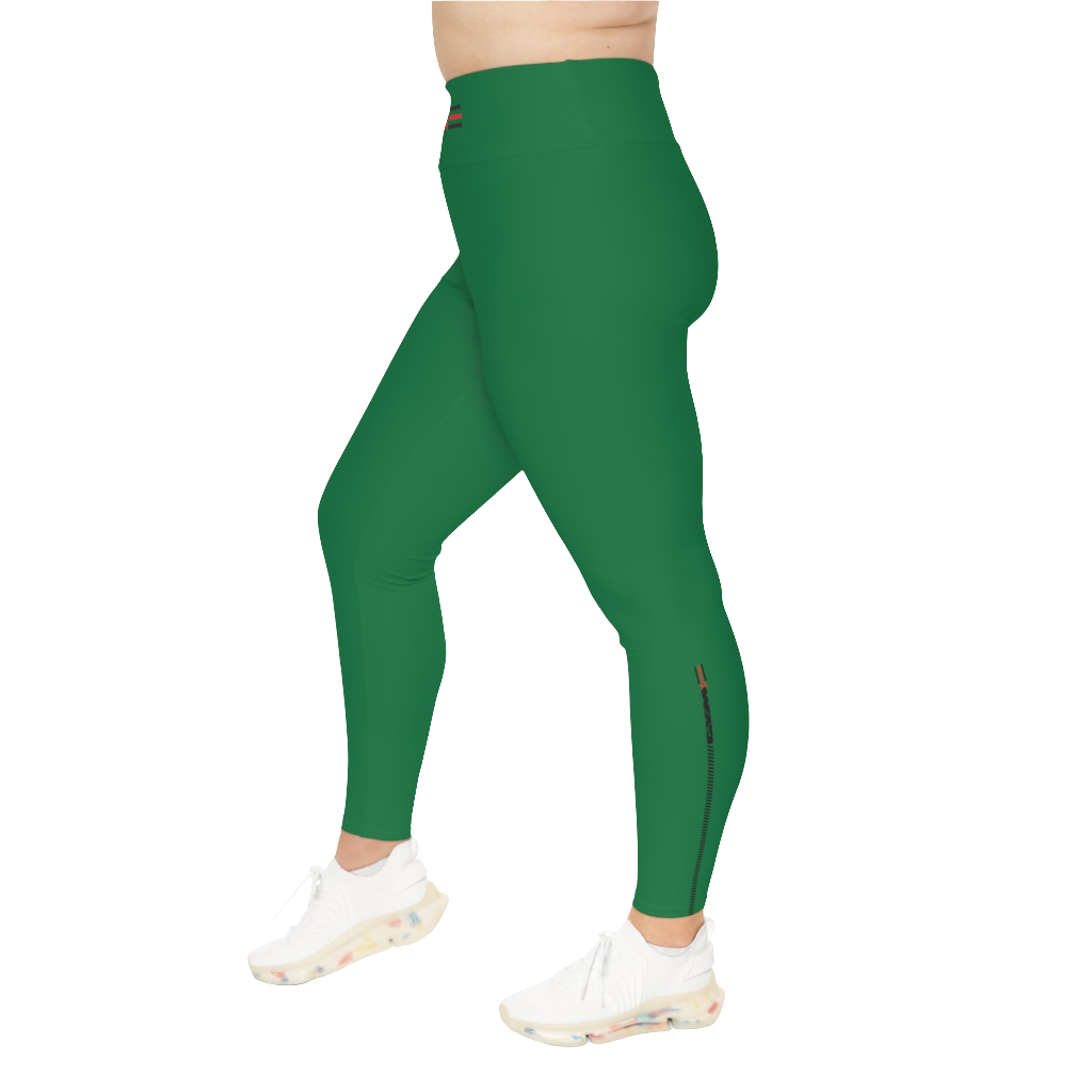A woman wearing green high-waisted fitness leggings Gymstar with a logo on the waistband, paired with white sneakers. Left side view.