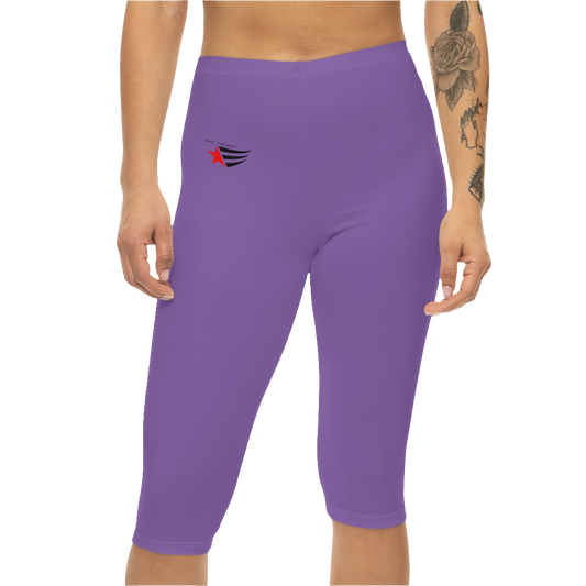 A woman wearing pair of purple fitness Gymstar leggings with a small logo on the upper left thigh area, designed for women's workouts. Front close up view.