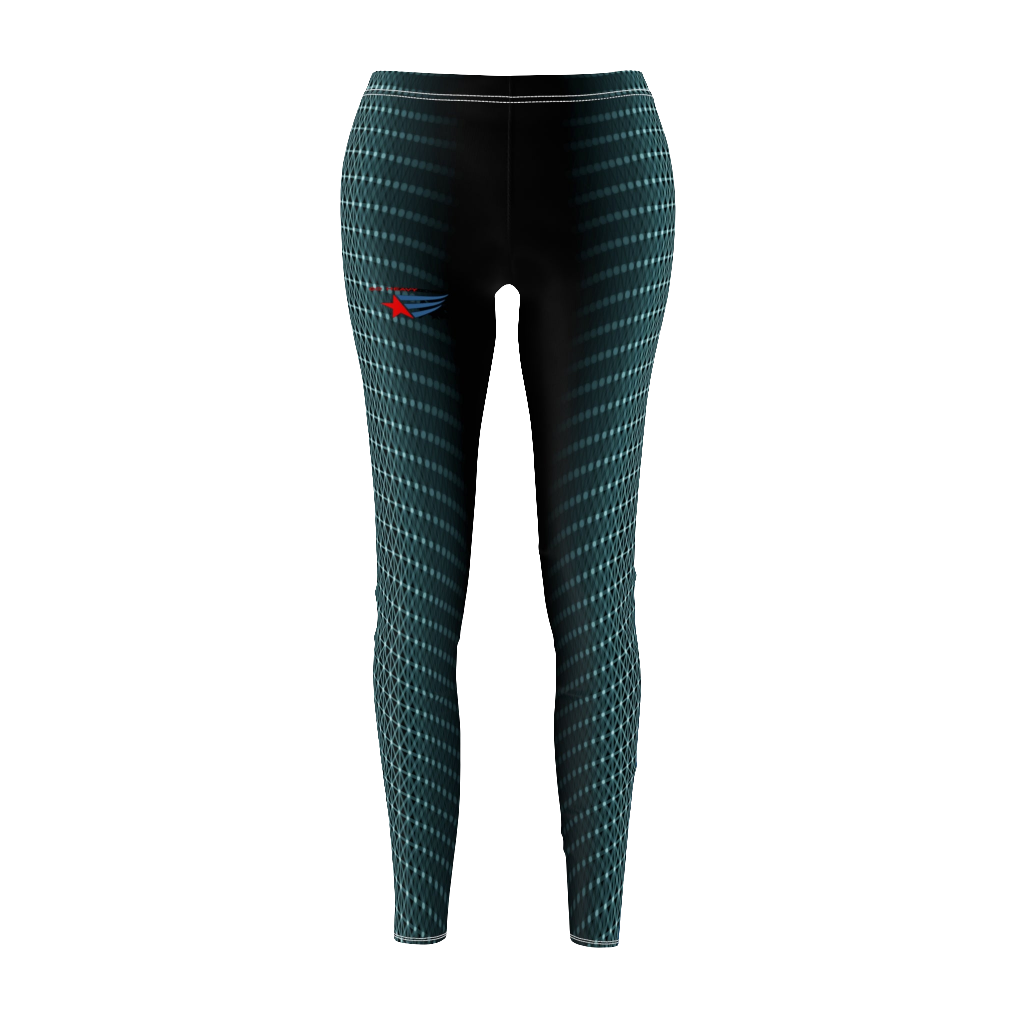  Women's fitness leggings with a geometric cut and sew pattern, and a logo predominantly in green with black accents, designed for yoga and crossfit. Right side view. Front view.