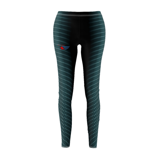  Women's fitness leggings with a geometric cut and sew pattern, and a logo predominantly in green with black accents, designed for yoga and crossfit. Right side view. Front view.