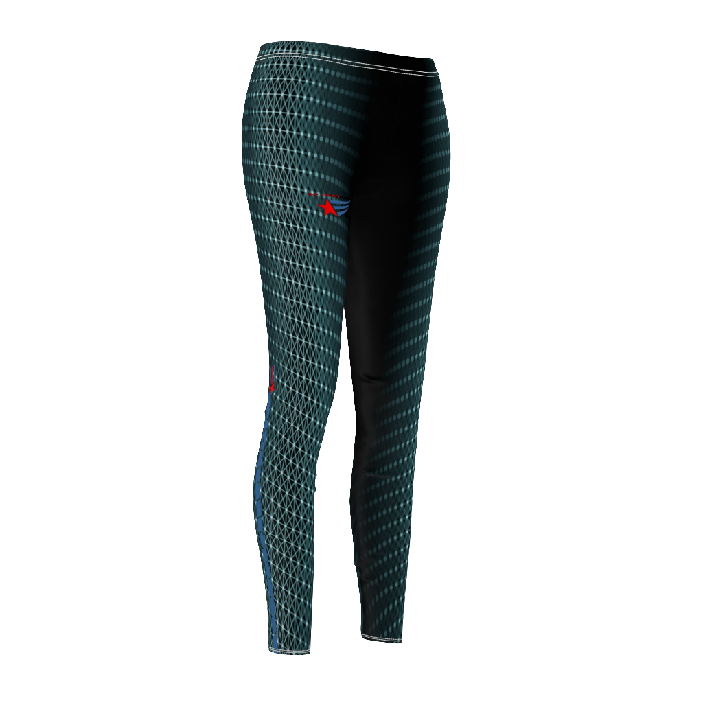  Women's fitness leggings with a geometric cut and sew pattern, and a logo predominantly in green with black accents, designed for yoga and crossfit. Right side view. Right side view.