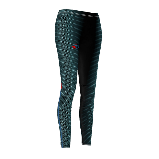  Women's fitness leggings with a geometric cut and sew pattern, and a logo predominantly in green with black accents, designed for yoga and crossfit. Right side view. Right side view.