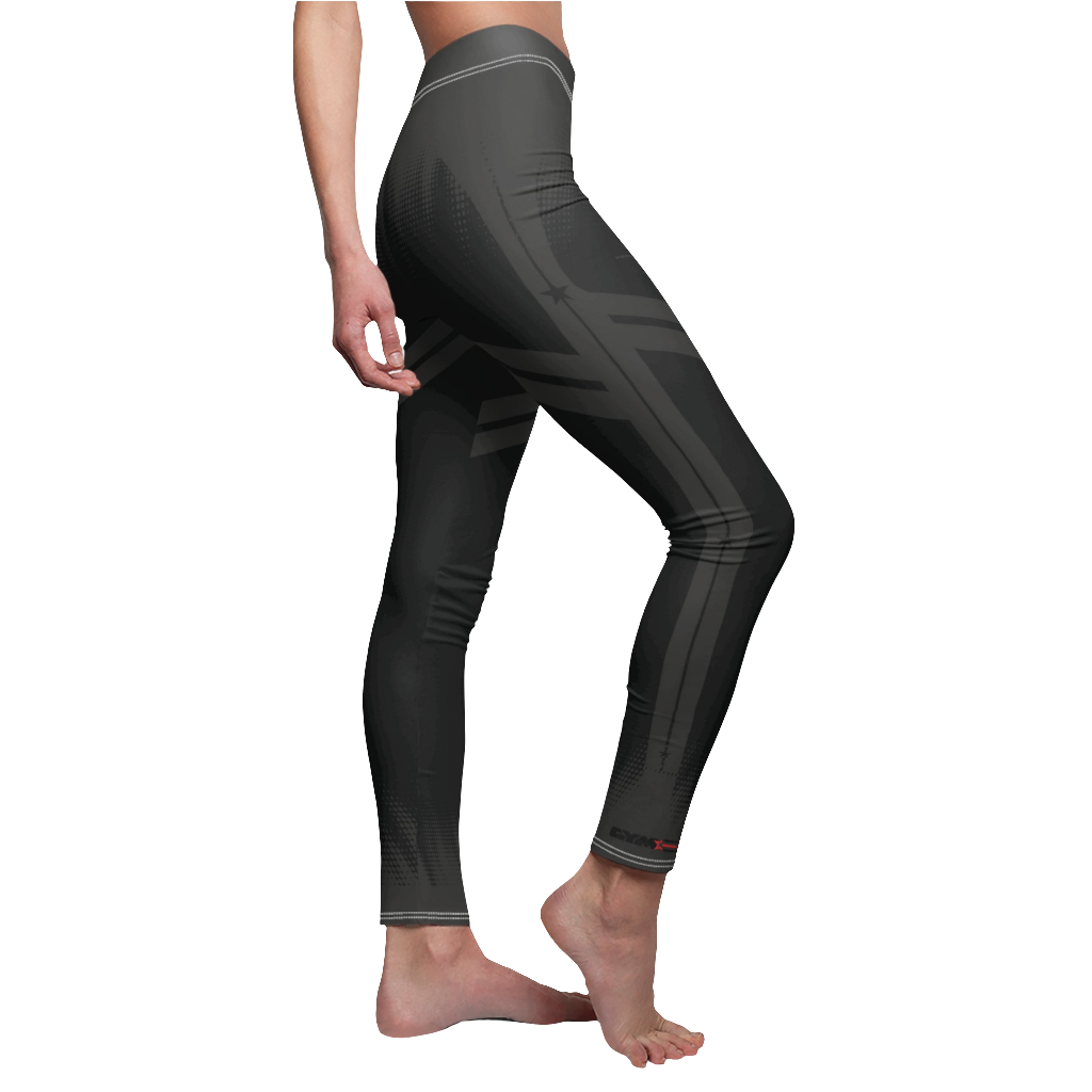 A female fitness model wearing pair of gray Gymstar women's fitness leggings with capri cut, featuring white seam stitching and a mid-rise waist. Right side close up view.    