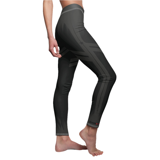A female fitness model wearing pair of gray Gymstar women's fitness leggings with capri cut, featuring white seam stitching and a mid-rise waist. Right side close up view.