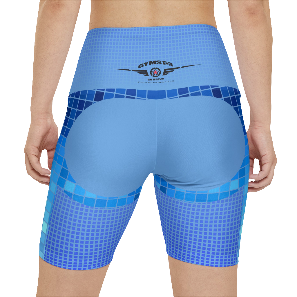 A woman wearings blue patterned GYMSTAR shorts with branding logo. Rear close up vew.