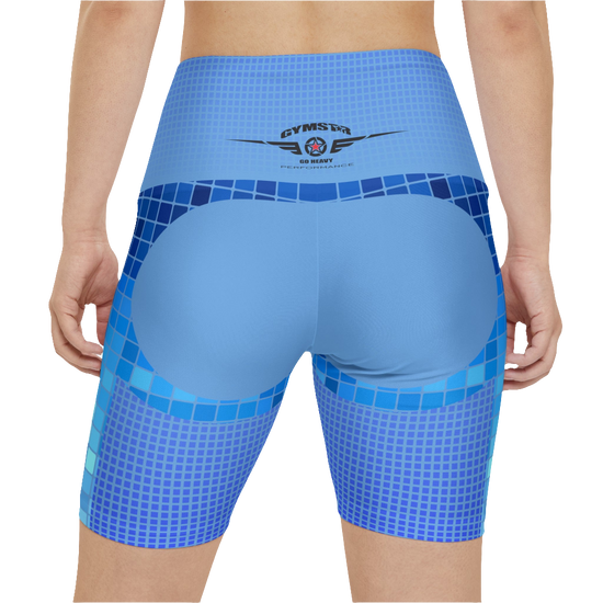 A woman wearings blue patterned GYMSTAR shorts with branding logo. Rear close up vew.