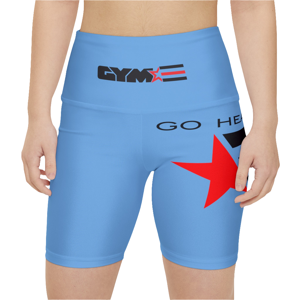 A woman wearings pair of light blue Gymstar women's workout leggings with 'GYMSTAR' and 'GO HEAVY' text, along with a star graphic, on a person mid-section view. front close up view.