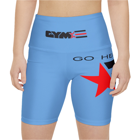 A woman wearings pair of light blue Gymstar women's workout leggings with 'GYMSTAR' and 'GO HEAVY' text, along with a star graphic, on a person mid-section view. front close up view.