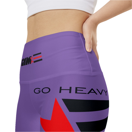 A woman wearings pair of purple Gymstar women's workout leggings with 'GYMSTAR' and 'GO HEAVY' text, along with a star graphic, on a person mid-section view. front extemelly close up view.