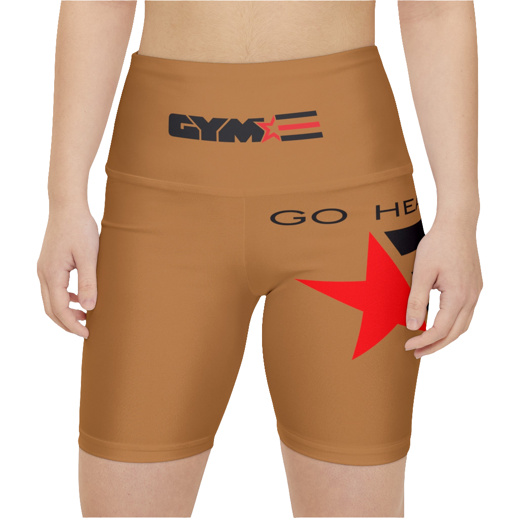 A woman wearings pair of brown Gymstar brand fitness leggings with a red star and brand logo on the side, designed for women. Front close up view.