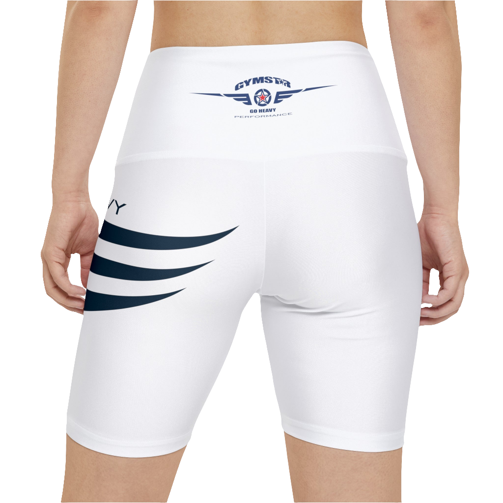A woman waering pair of white Gymstar workout leggings with a blue and black stripe design on the side, featuring the logo on the elastic waistband. Rear close up view