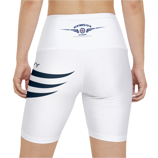 A woman waering pair of white Gymstar workout leggings with a blue and black stripe design on the side, featuring the logo on the elastic waistband. Rear close up view