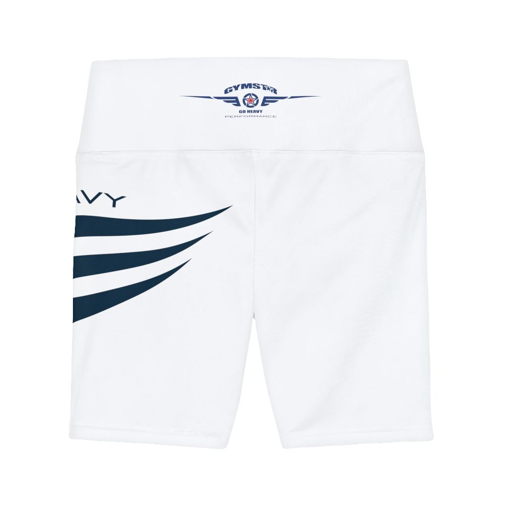 A pair of white Gymstar workout leggings with a blue and black stripe design on the side, featuring the logo on the elastic waistband. Rear close up view