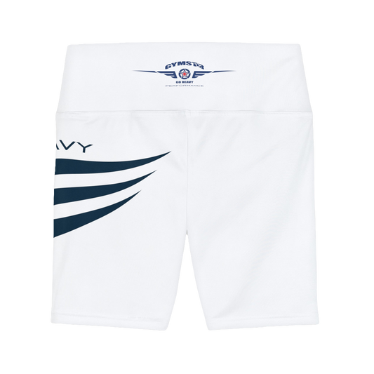 A pair of white Gymstar workout leggings with a blue and black stripe design on the side, featuring the logo on the elastic waistband. Rear close up view