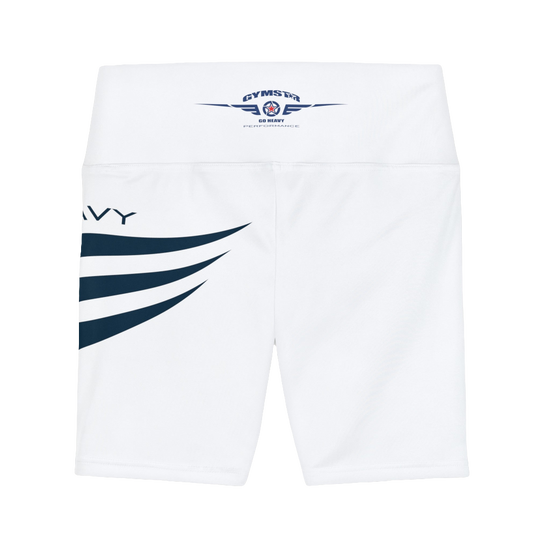 A pair of white Gymstar workout leggings with a blue and black stripe design on the side, featuring the logo on the elastic waistband. Rear close up view