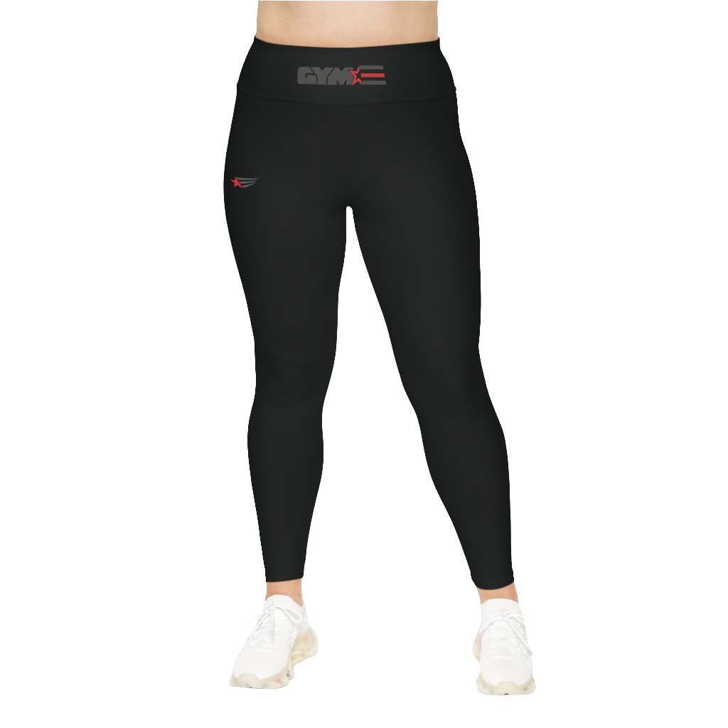 A woman wearing black branded Yoga Women's Workout Plus Size Leggings Gymstar Fitness Clothing.