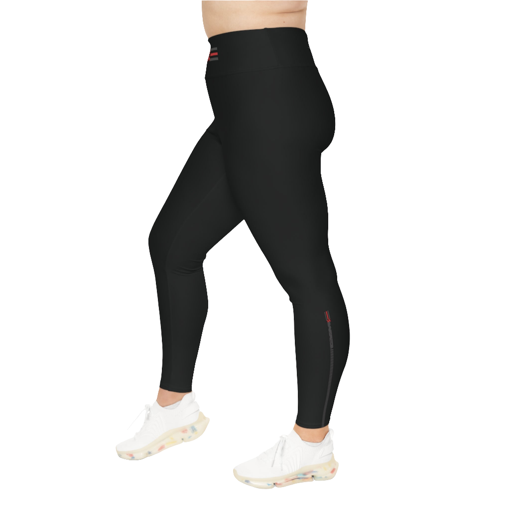 A woman wearing black branded Yoga Women's Workout Plus Size Leggings Gymstar Fitness Clothing. Right side view.