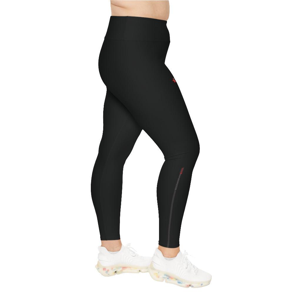 A woman wearing black branded Yoga Women's Workout Plus Size Leggings Gymstar Fitness Clothing. Left side view.