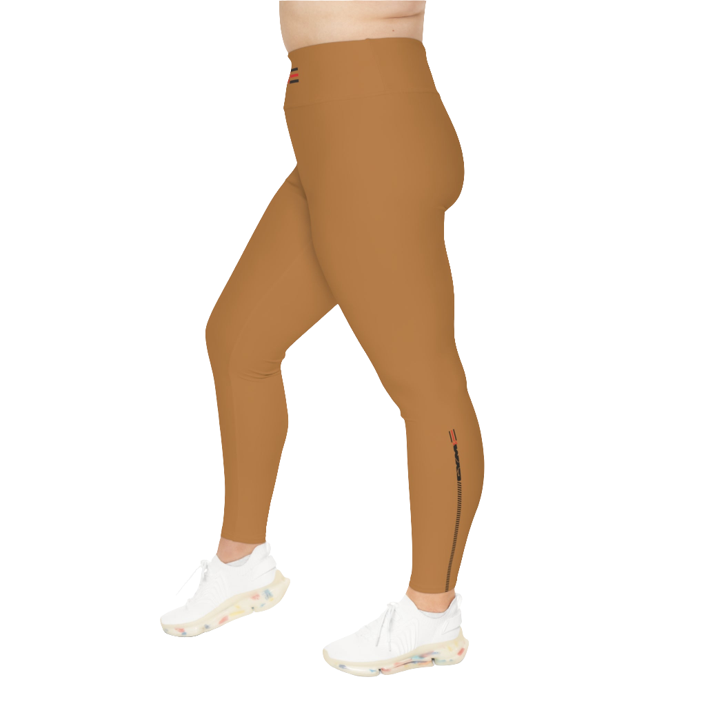 A woman wearing pair of brown high-waisted Gymstar fitness leggings with a logo on the upper left thigh, paired with white sneakers. Right side view.