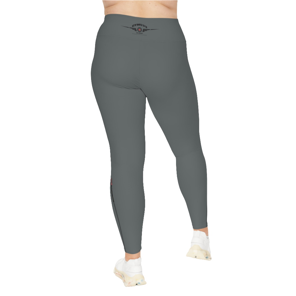 A woman wearing pair of grey high-waisted Gymstar fitness leggings with a logo on the upper left thigh, paired with white sneakers. Rear view.