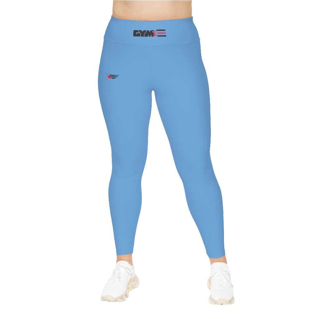 A woman wearing blue high-waisted fitness leggings with a Gymstar logo on the waistband, standing upright with a neutral expression.