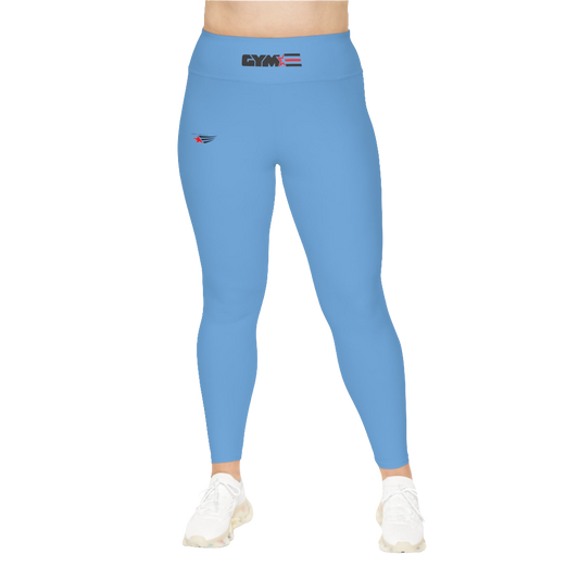 A woman wearing blue high-waisted fitness leggings with a Gymstar logo on the waistband, standing upright with a neutral expression.