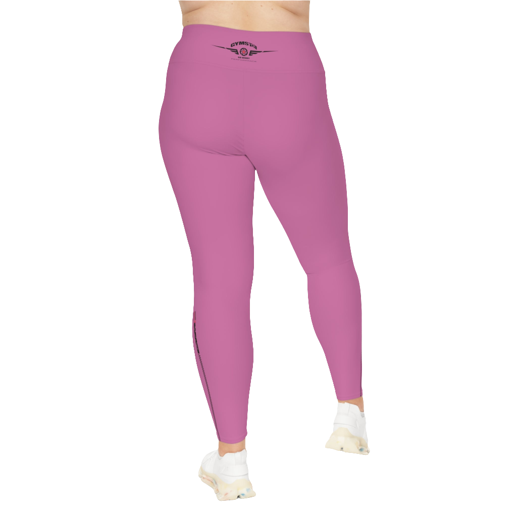A woman wearing pair of purple high-waisted fitness leggings with a Gymstar logo on the upper left thigh, paired with white sneakers. Rear view.
