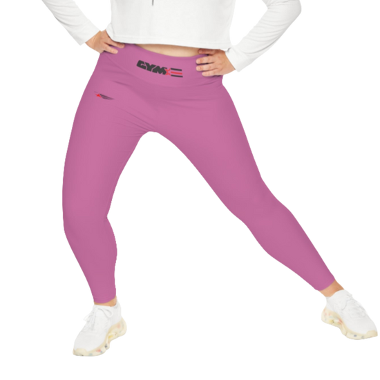 A woman wearing pair of purple high-waisted fitness leggings with a Gymstar logo on the upper left thigh, paired with white sneakers. Front action view.