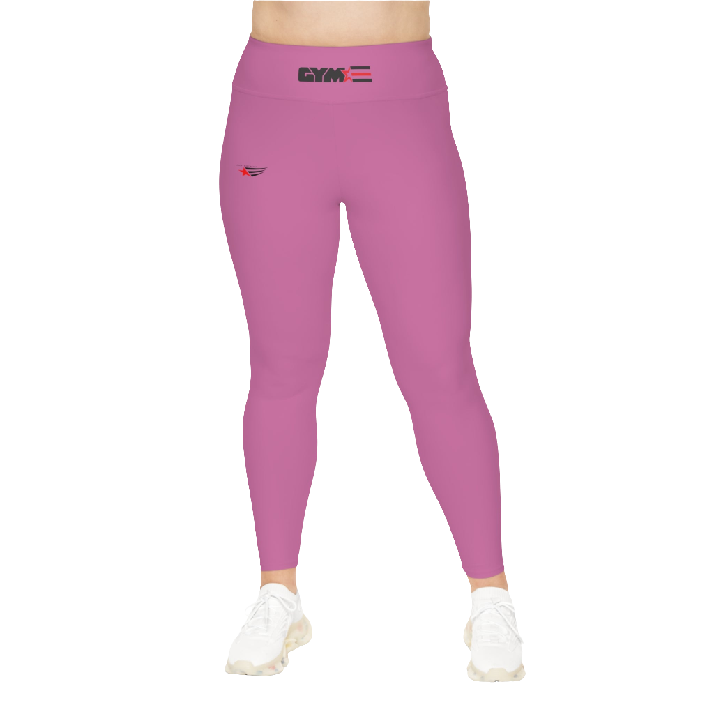 A woman wearing pair of purple high-waisted fitness leggings with a Gymstar logo on the upper left thigh, paired with white sneakers. Front view.