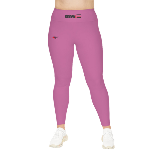 A woman wearing pair of purple high-waisted fitness leggings with a Gymstar logo on the upper left thigh, paired with white sneakers. Front view.