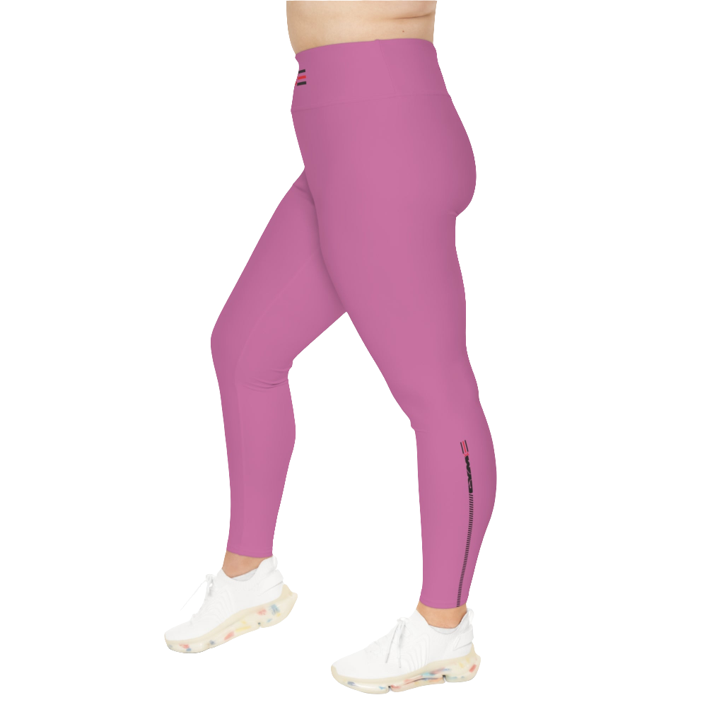 A woman wearing pair of purple high-waisted fitness leggings with a Gymstar logo on the upper left thigh, paired with white sneakers. Left side view.