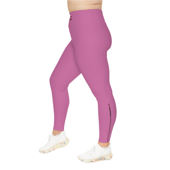 A woman wearing pair of purple high-waisted fitness leggings with a Gymstar logo on the upper left thigh, paired with white sneakers. Left side view.