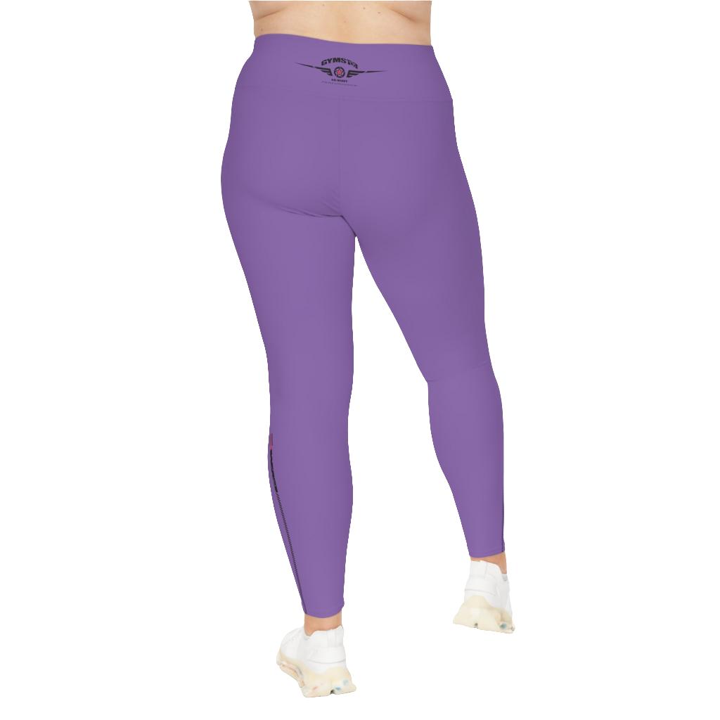 A woman wearing pair of purple high-waisted Gymstar fitness leggings with a logo on the upper left thigh, designed for fitness and yoga. Paired with white sneakers. Rear view.