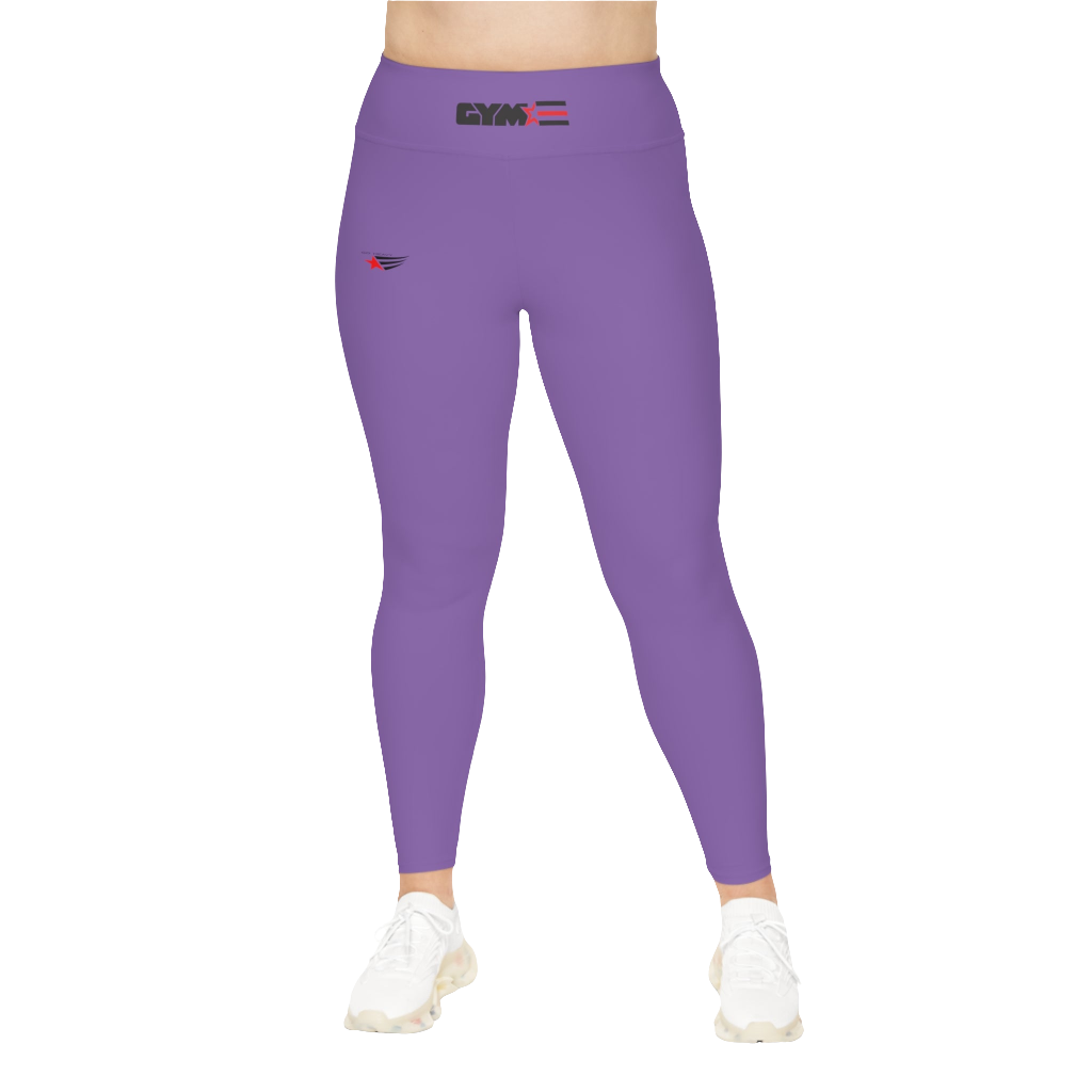 A woman wearing pair of purple high-waisted Gymstar fitness leggings with a logo on the upper left thigh, designed for fitness and yoga. Paired with white sneakers. Front view.