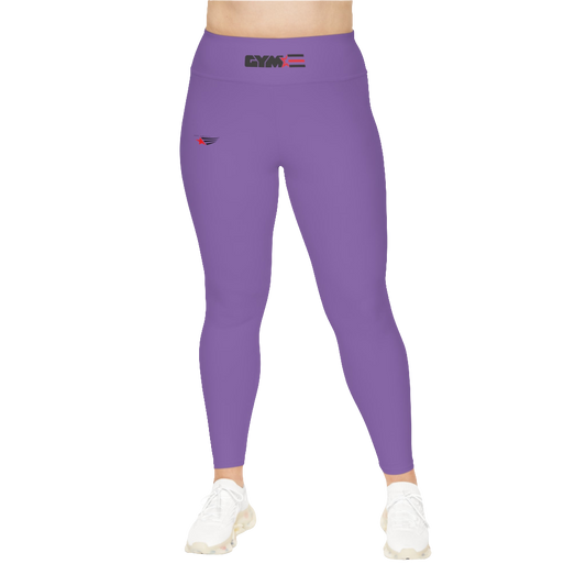 A woman wearing pair of purple high-waisted Gymstar fitness leggings with a logo on the upper left thigh, designed for fitness and yoga. Paired with white sneakers. Front view.