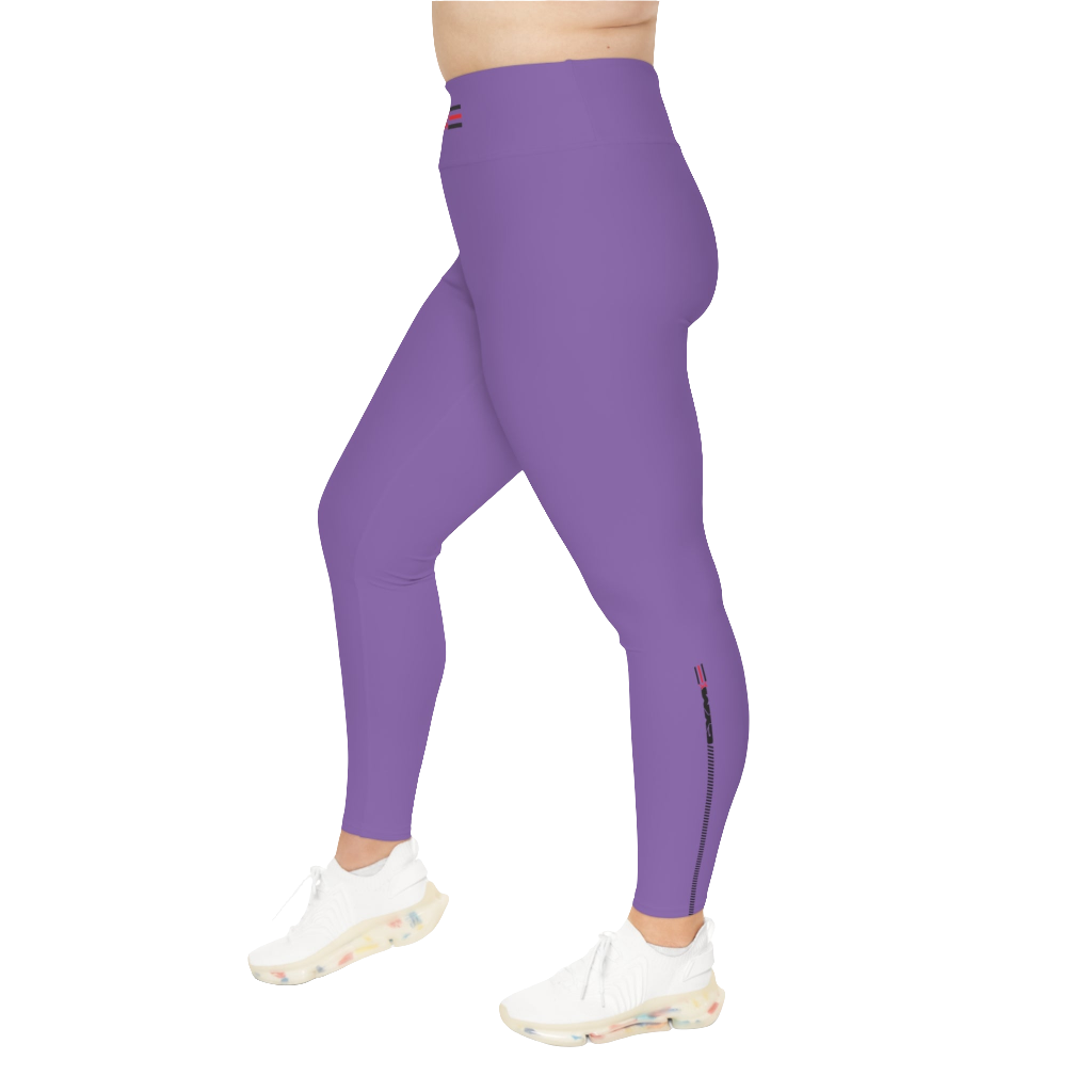 A woman wearing pair of purple high-waisted Gymstar fitness leggings with a logo on the upper left thigh, designed for fitness and yoga. Paired with white sneakers. Right side view.