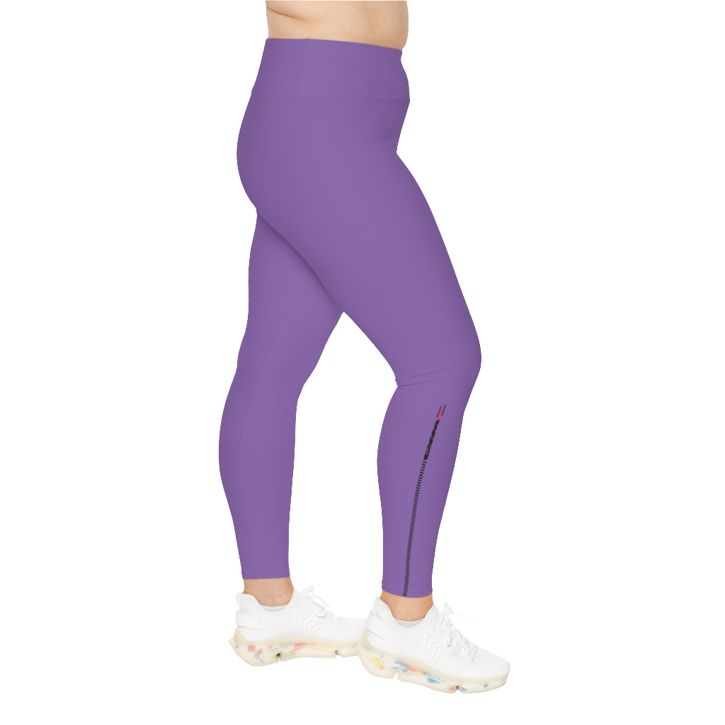 A woman wearing pair of purple high-waisted Gymstar fitness leggings with a logo on the upper left thigh, designed for fitness and yoga. Paired with white sneakers. Left side view.