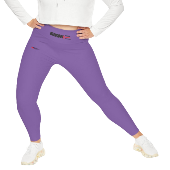 A woman wearing pair of purple high-waisted Gymstar fitness leggings with a logo on the upper left thigh, designed for fitness and yoga. Paired with white sneakers. Front action view.