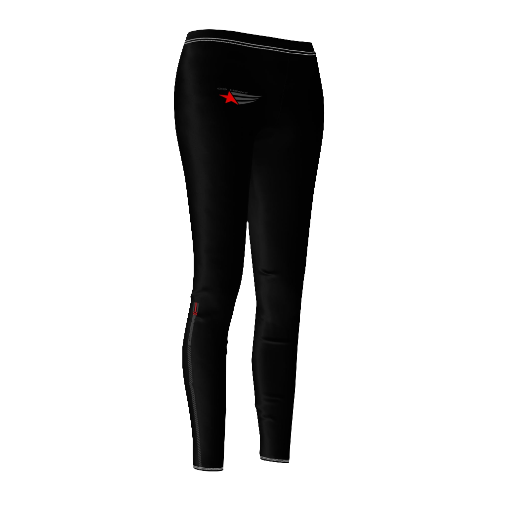 A pair of black Gymstar leggings on a female model, showcasing the fit and design of the garment. Left side view.