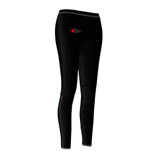 A pair of black Gymstar leggings on a female model, showcasing the fit and design of the garment. Left side view.