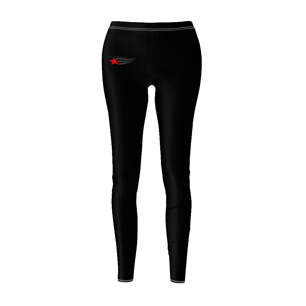 A pair of black Gymstar leggings on a female model, showcasing the fit and design of the garment, front view.