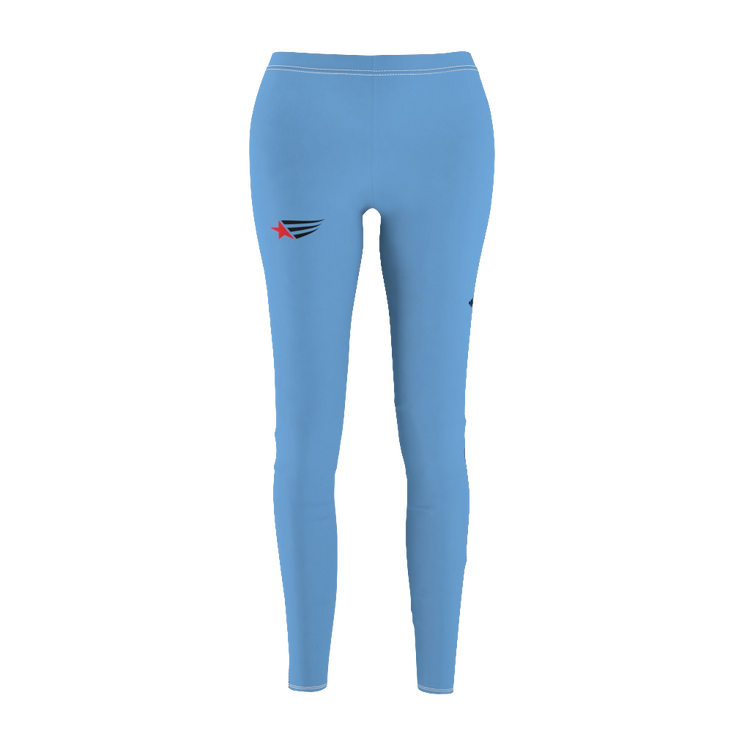 A pair of blue Fitness Gymstar leggings, showing the product from a rear view with the user standing and facing to the side.